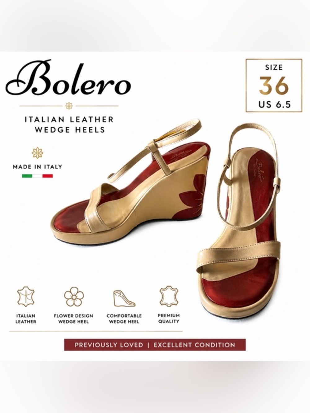 Bolero Italian Leather Tan Red Flower Wedge Heels Women’s size 36